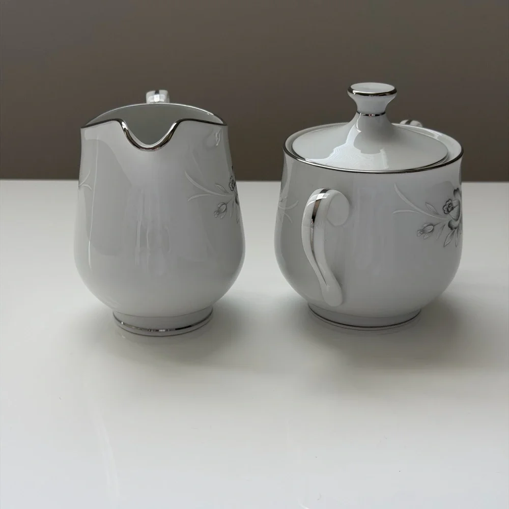 Elegant Sango Morena Japen Porcelain White Floral Creamer and Sugar Bowl Set